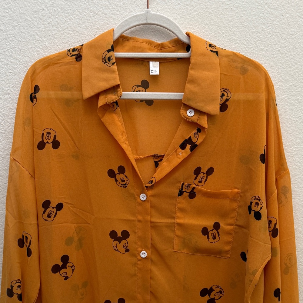 Sheer Orange Mickey Mouse Button-Up Shirt